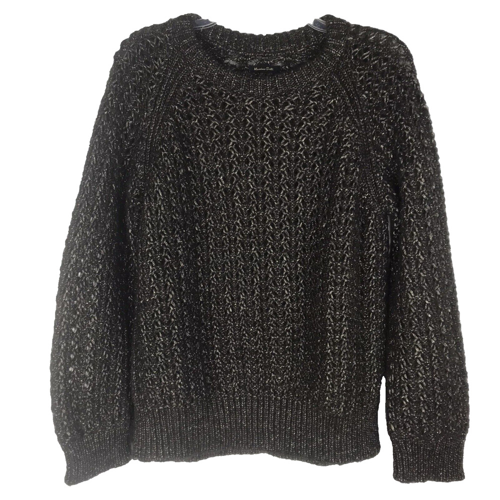 Massimo Dutti Open Knit Sweater Brown Gold Metallic Crew Neck Wool Blend Medium